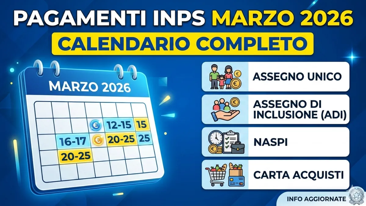 Tutti i Pagamenti INPS di Marzo 2026: Assegno unico, Assegno di Inclusione, Naspi, Carta Acquisti - Ecco il Nuovo Calendario